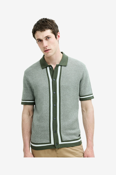 French Connection Men's Beetle Green Ss Button Through Polo T-Shirt