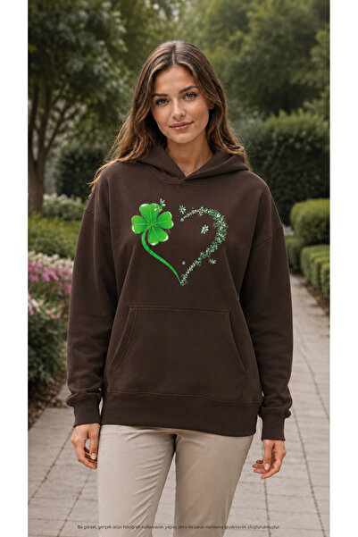 EMMODA Women's Four Leaf Lucky Clover and Floral Heart Print Hooded Kangaroo ...