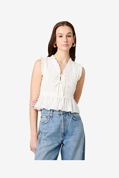 French Connection Women's Summer White Rhodes Pop Smck Fltter Slv Top