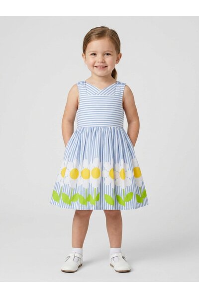 Miss Toddlers Girl 2 Pcs Daisy Stripe Dress with Hair Clips Set, Multicolor