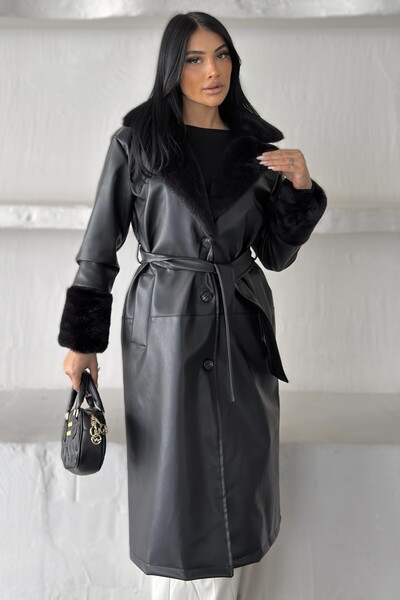 moda armanc Women's Black Faux Leather Long Trench Coat with Silk Fur Inside