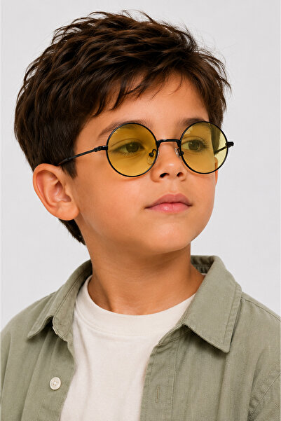 Toz Vintage Polvo Yellow Glass Black Frame Round Children's Sunglasses