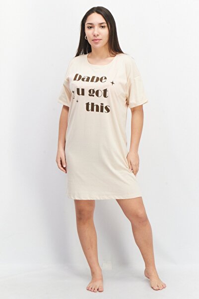 Sinsay Women Round Neck Short Sleeve Graphic Print Sleepwear Dress, Beige Combo