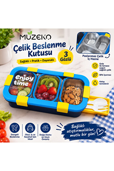 MUZEKO Enjoytime 3 Bölmeli Paslanmaz Çelik Yemek Kabı Sızdırmaz Kapaklı Taşın...