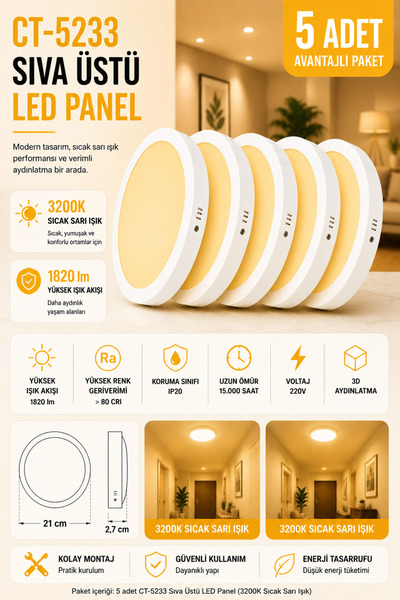 Yenilig 5 Adet CT-5233 Sıva Üstü LED Panel 18W 3200K Sarı Işık Beyaz Kasa – 2...