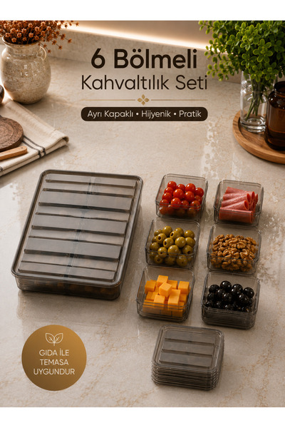 Homsen 6 + 1 Antrasit Bölmeli Kapaklı Kahvaltılık Seti Peynir Zeytin Şarküter...
