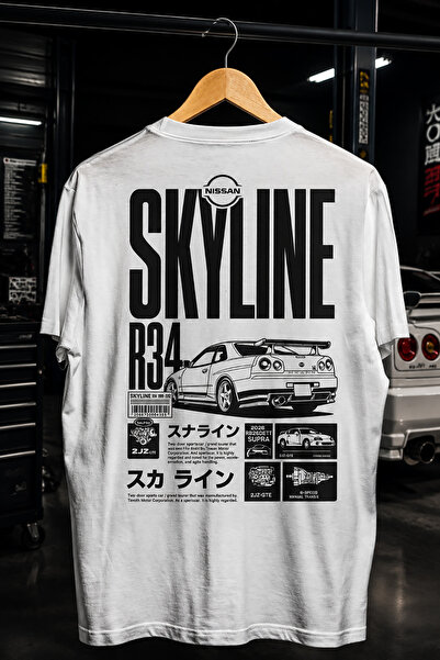 OkSitNet Nissan R34 Sırt Baskılı Spor Araba Tasarım Unisex Bisiklet Yaka Tişört
