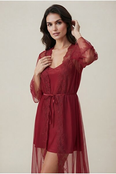 Maser Burgundy Lace Embroidered Strap Satin Nightgown and Tulle Robe Set, Dow...
