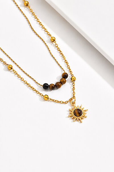 THE Steel Women's Gold Sun Figured Necklace with Brown Stone Detail