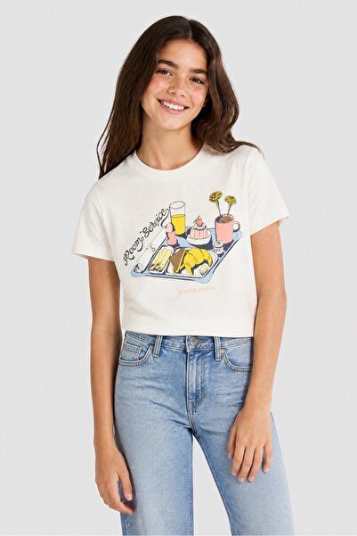 Scotch & Soda Kids Girl Crew Neck Short Sleeve Graphic Print T-Shirt, Cream