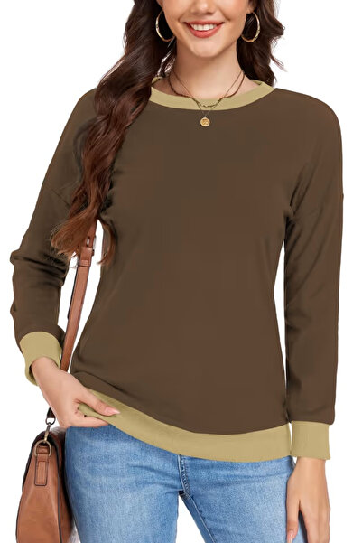 OEM Brown loose-fitting women's blouse with long sleeves, round neck, M