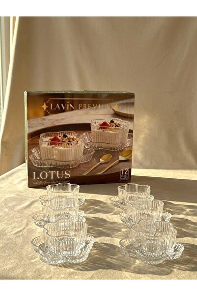 YzHome 6 Kişilik 12 Parça Lotus Çiçek Model Cam Çerezlik Kase Seti Sunum Kasesi Tabağı Tabak 160ml
