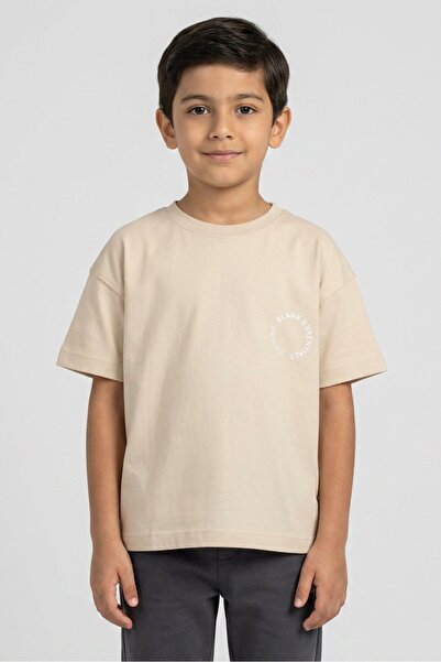 BLANK ESSENTIALS Kids Boy Brand Logo Short Sleeve T-Shirt, Beige