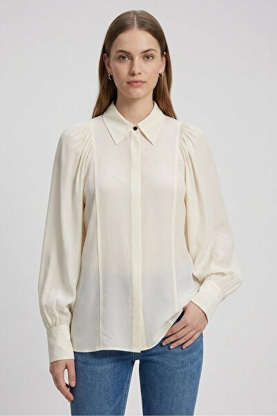 Hugo Boss Boss Women Pointed Collar Long Sleeve Solid Shirt, Ivory