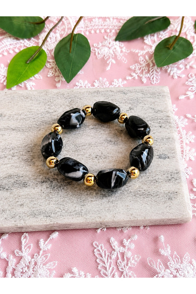 FLAWSOME JEWELRY STORE Doğal Taşlı Lastikli Bileklik Gold Detaylı Yaz Aksesuarı