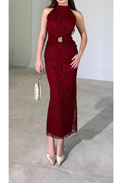 verabelle Accessory Detailed Halter Tie Collar Glittery Maxi Dress