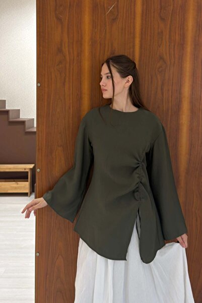 fayaboutique.com Khaki Green Original Cut Draped Waistline Tunic
