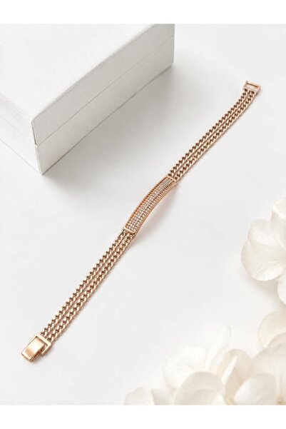 Satürn Silver Kuyumculuk Rose Gold Taşlı Çift Zincir Bileklik