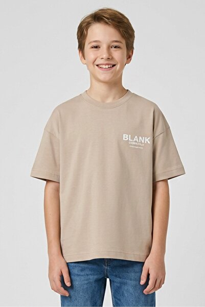 BLANK ESSENTIALS Kids Boy Crew Neck Short Sleeve Brand Logo T-Shirt, Taupe