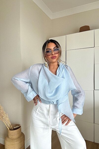 solena sln Kadın Tencel Oversize Transparan Kendinden Atkılı Gömlek