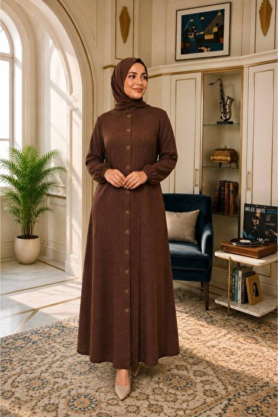 ModaMinar Women's New Season Aerobin Fabric Dress with Elastic Sleeves and Bu...