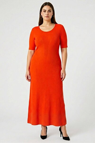 Hugo Boss Boss Women Ribbed Short Sleeve Midi Dress, Dark Orange