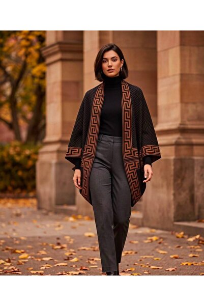 Trend Kapında Geometric Patterned Truva Model Women's Kimono Poncho