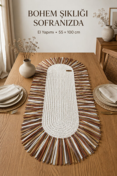 Sawinno Home Raffia Püsküllü Bohem Runner Masa Örtüsü 55x100 cm