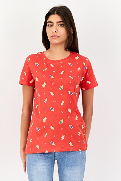 Sinsay Women Crew Neck Short Sleeve Christmas Print T-Shirt, Red