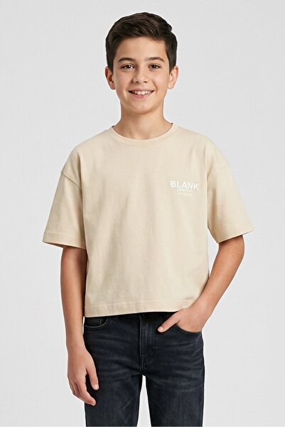 BLANK ESSENTIALS Kids Boy Crew Neck Short Sleeve Brand Logo T-Shirt, Beige