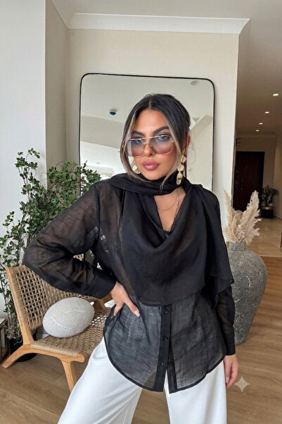 solena sln Kadın Tencel Oversize Transparan Kendinden Atkılı Gömlek