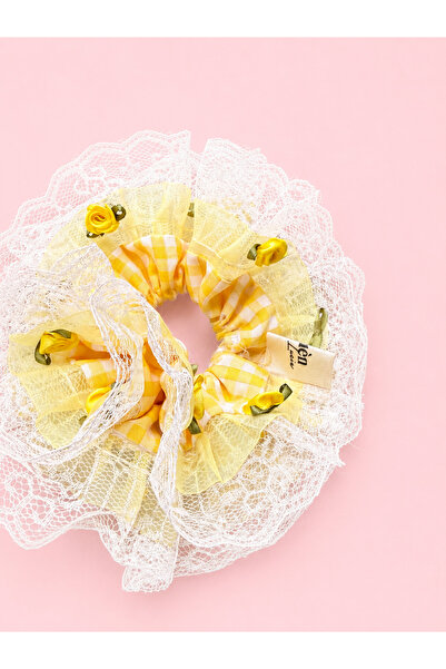 Louen lucie Yellow Gingham Lace Floral Ruffle Scrunchie Scrunchie Buckle