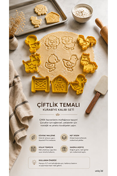 UNİQ 3D Çiftlik Temalı Kurabiye Kalıbı Seti – Hayvan Figürlü Damga ve Kesici Set