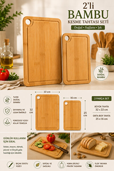 MAKRİ HOME 2’li Bambu Kesme Tahtası Seti, Kemer Klasik Köşe Kavis Model, 32x2...