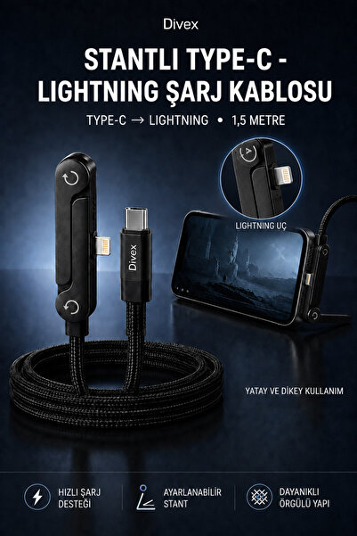 Divex 27W Type-C to Lightning Şarj Kablosu 1,5 Metre Ayarlanabilir Standlı Hı...