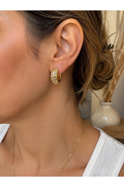 QUEENELA Gold Color Stone Detailed Hoop Earrings – Stylish and Glamorous Wome...