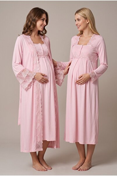 Pelin Women's Powder Lace Design Maternity Nightgown Set with Nursing Detail ...