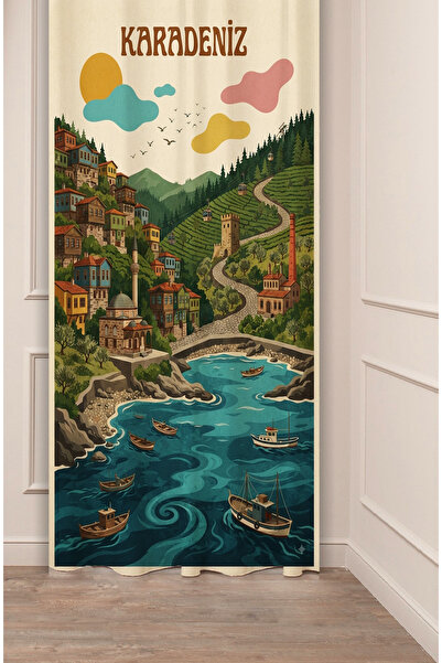 GREENDECOR Green Black Sea Inspired Retro Illustration Background Curtain - A...