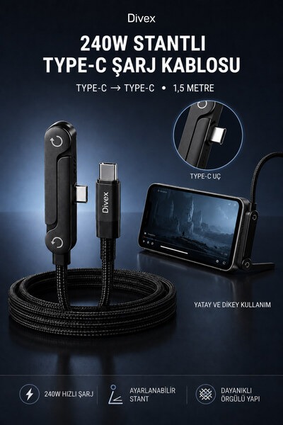 Divex 240W Type-C to Type-C 1,5 Metre Standlı Hızlı Şarj Kablosu Ayarlanabili...