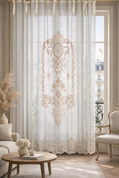 Tuna Textile Madalyon Bej Keten Görünümlü Nakışlı Panel Perde 9564-02-028.02
