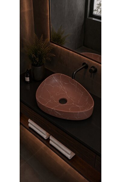 Taş Atölyesi Mermer Desenli Tezgah Üstü Oval Model Çanak Taş Lavabo 48 x 38 cm