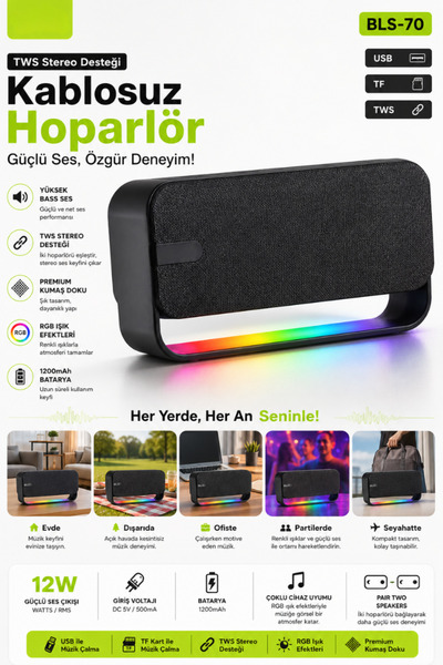 CROW'S TECH Bluetooth Hoparlör Taşınabilir Kablosuz Speaker USB/TF/TWS Destek...