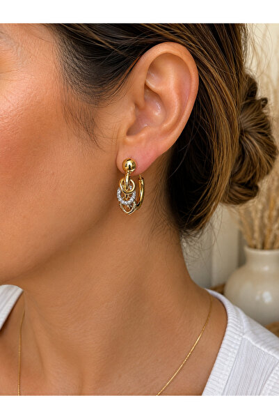 QUEENELA Gold Color Stone Detailed Interlocking Hoop Earrings – Modern Design...