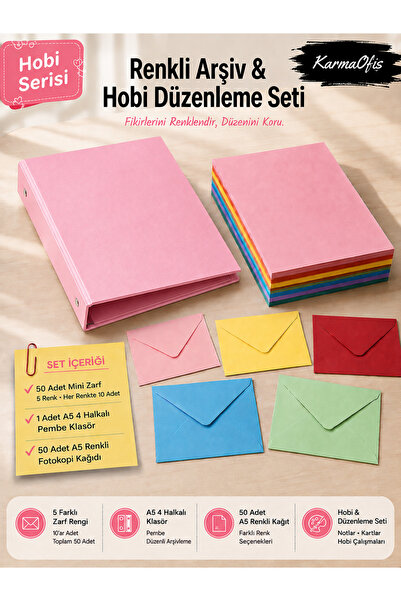 KarmaOfis Pembe A5 4 Halkalı Klasörlü Hobi Seti – 50 Mini Renkli Zarf ve 50 A...