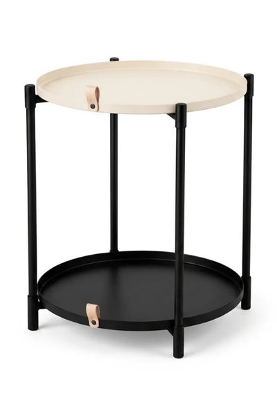 hemlife Çift Tepsili Katlanır Orta Yan Yuvarlak Sehpa Metal Ayak - Modern Sehpa 44 cm Tepsi Deri Kulplu