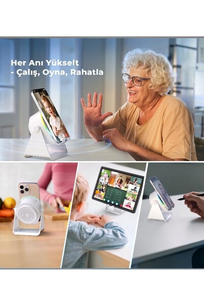 lstri Kablosuz Bluetooth Hoparlör ve Kaymaz Tabanlı Cep Telefonu Tutacağı, HD Surround Ses ve Led Renk Değiştirme Işığı, Büyük Kapasiteli Pil, Telefon ve Ipad ile Uyumlu (Siyah Beyaz)