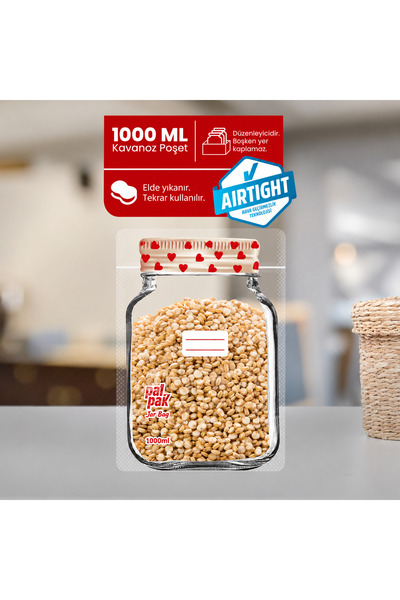 PALPAK Kalp Desenli Büyük Boy Kavanoz Görünümlü Kilitli Doypack Saklama Poşeti (17x27Cm - 1000ml) 10 Adet