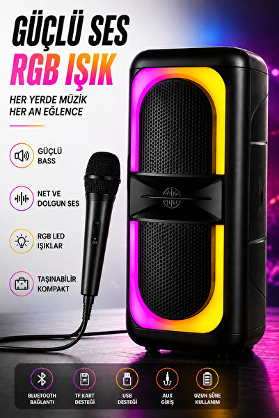 Omaze Bluetooth Hoparlör Speaker Karaoke Kablolu Mikrofonlu Taşınabilir RGB I...