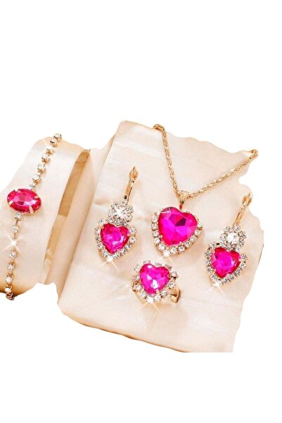 OEM Set bijuterii elegante, aurii cu pietre rosii, lant, bratara, cercei, ine...