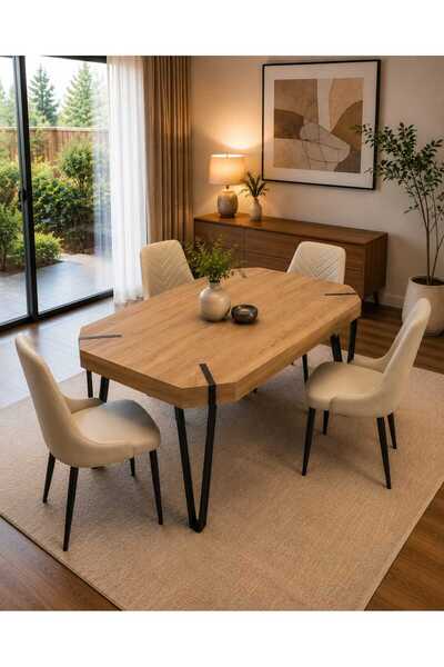 TrentonGCC Modern Dining Table Set 4 Beige Upholstered Chairs Wood Grain Tabl...